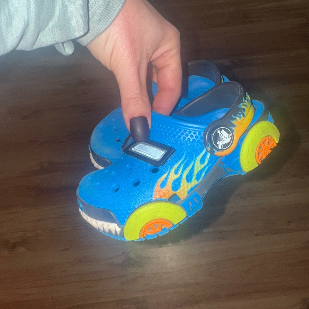 CROCS Kids Blue and Orange Flame Clogs with Wheels